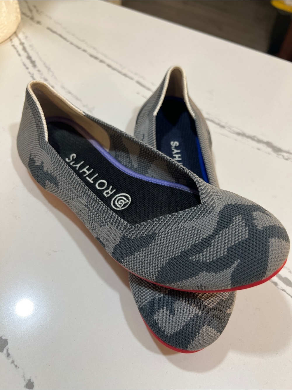 Rothy's Gray Camouflage Slip-On Ballet Flats with Red Sole size 7